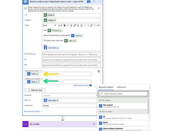 Compose your email. Fields from your excel list are found using the Dynamic Content.