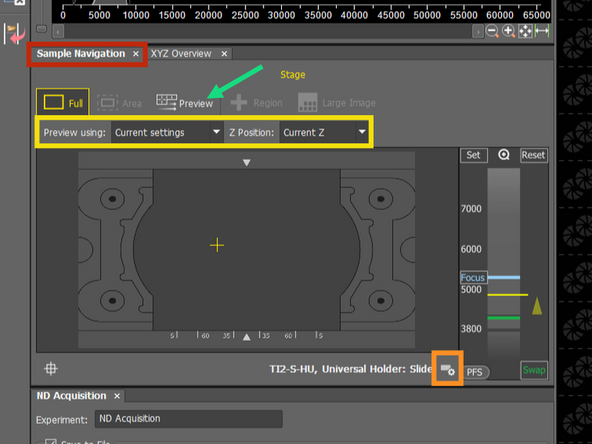 Once you focused on the slide/sample, localize the Sample Navigation tab