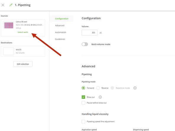 Click on the first pipetting step in the protocol sequence.
