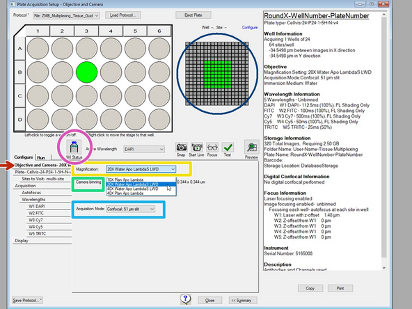 Click the Magnification drop-down and select the setting of the objective to use for the protocol.