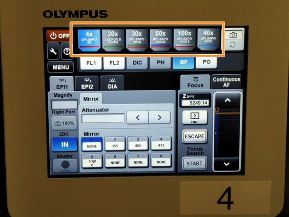 If immersion objectives were used clean them properly. Toggle between the objectives by using the touch screen.