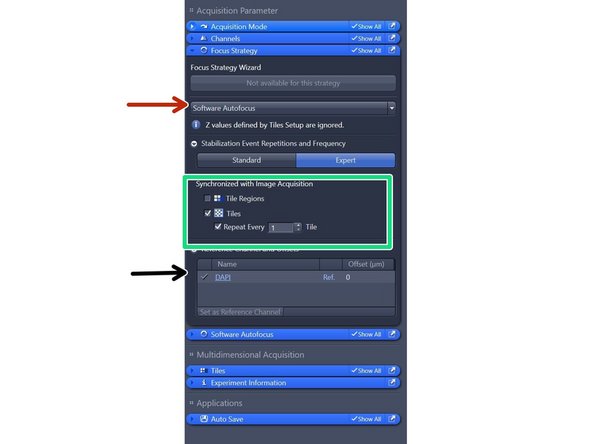 If you choose "Software autofocus" as focus strategy then the Z-values defined in tile setup will be ignored and Z-value will be defined by "Software autofocus" exclusevly.