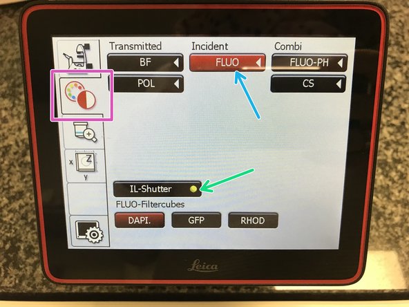 On the touch screen at the microscope stand choose the light path tab.