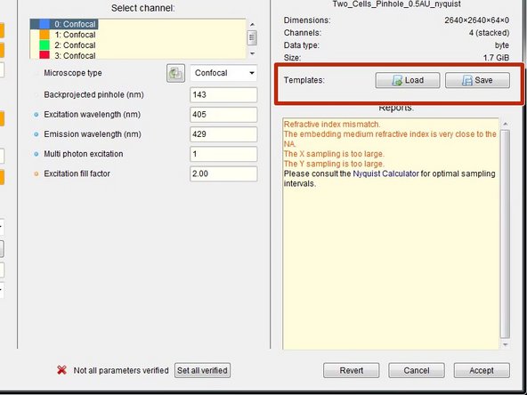 If you acquired multiple datasets with the same parameters, you can save them as a template for further use or batch processing.