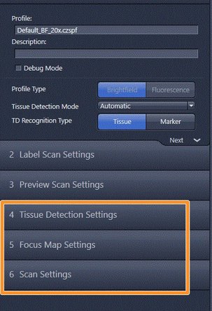 The advanced wizard is composed of 6 steps to adjust scan parameters. Step 1-3 are already optimized for standard slides.