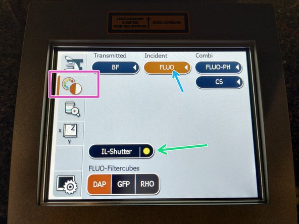 On the touch screen at the microscope stand choose the light path tab.