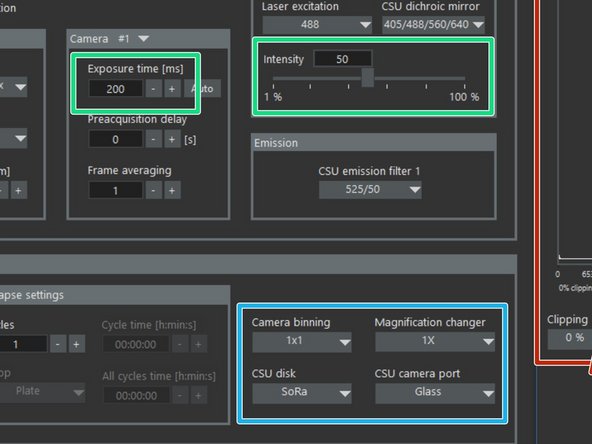 Adjust Laser &quot;Intensity&quot; and &quot;Exposure time&quot; for each channel.