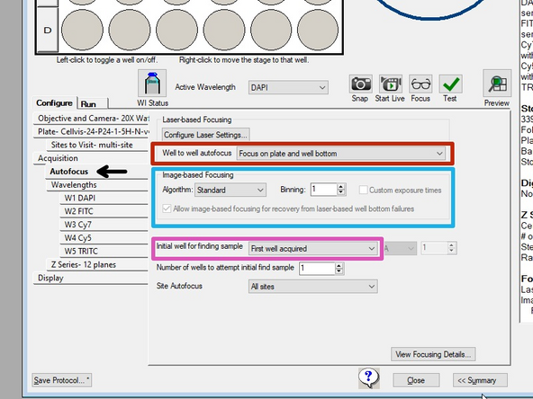 Adjust focusing routine with laser settings and where the focus will be acquired.