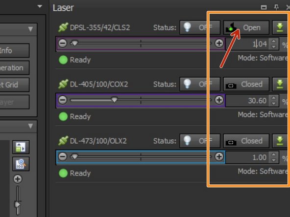 You can control laser intensities here. The 355nm laser line will be controlled in this panel, while the 405nm and 473nm can be modulated within the experiment/sequence.