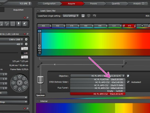Select the 10x dry objective via the &quot;LAS X&quot; software for easy sample navigation and focusing.
