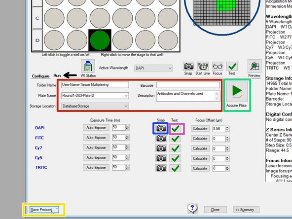 Use the Run tab in the Plate Acquisition Setup dialog to run the plate acquisition protocol and acquire the plate data.