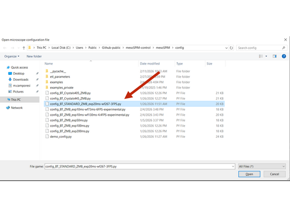 Double click on the "MesoSPIM Control" icon. A window will appear to select the mesoSPIM config file. Select: "config_BT_STANDARD_ZMB_exp20ms-wf267-3fps.py"