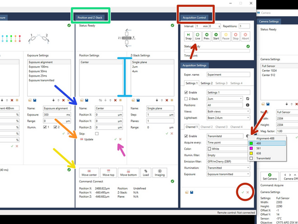 On the Acquisition settings panel, select fluorescent or transmission light to find your areas of interest, click the check-mark to update the selection, and click on &quot;Live&quot; view  to observe your sample.