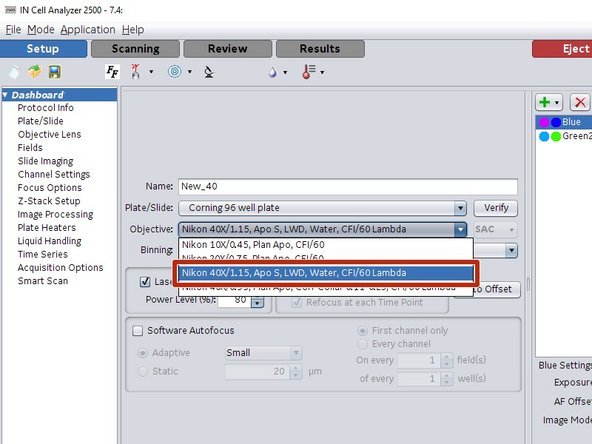 Select the &quot;Nikon 40X/1.15, Apo S, LWD, Water, CFI/60 Lambda&quot; objective from the drop down list.