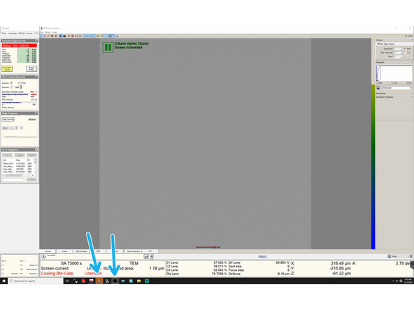 When you restart the microscope software, the autoloader will not be initiliazed, the HT will be off and the microscope will be in TEM mode. You need to bring the microscope back to a usable status as follows: