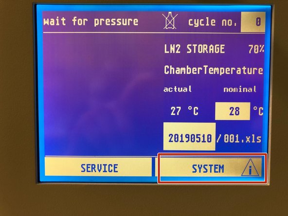 Once the storage dewar has reached a level of below 20% select &quot;SYSTEM&quot; from the main screen.