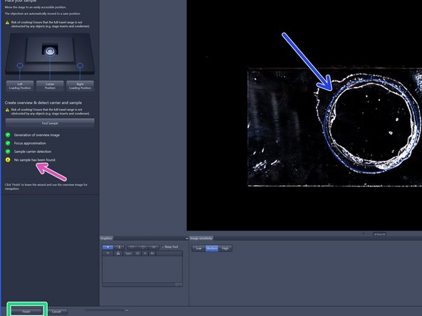 If no sample has been identified (e.g. adherent cells) no sample area is outlined (yellow attention sign).