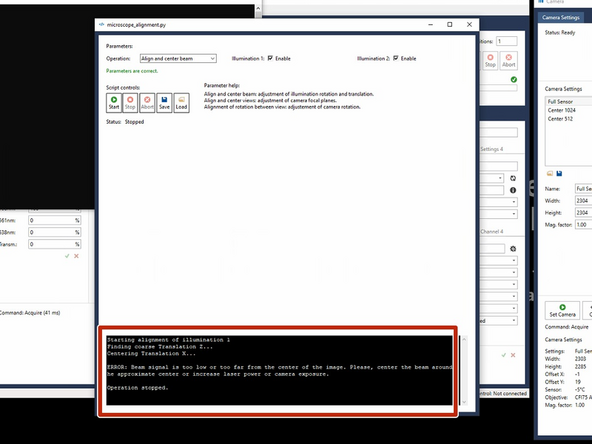 &quot;Align and center beam&quot; does adjust the rotation and translation of the laser beams of the two light-sheets in the focus of the detection objective of Camera View 1.