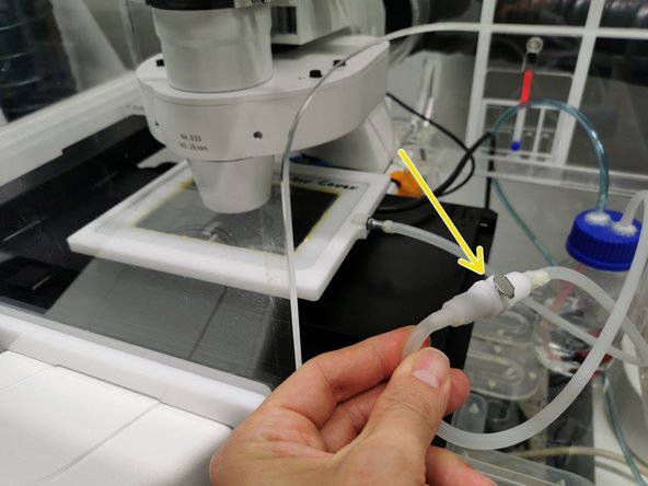 Put the lid over your sample and connect the air supply of the lid with the water bottle inside the incubator box. Check that the air supply tube cannot get stuck while the motorized table is moving.