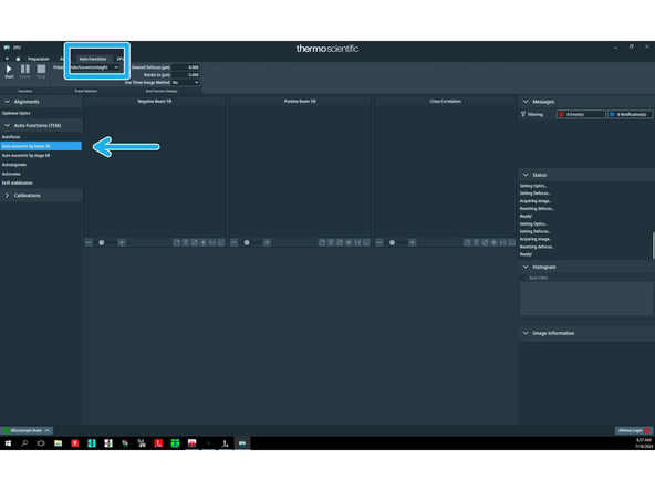 Go to 'Auto functions' tab and perform the eucentric height routine. It is essential to be at eucentric height for image shifts calibrations.