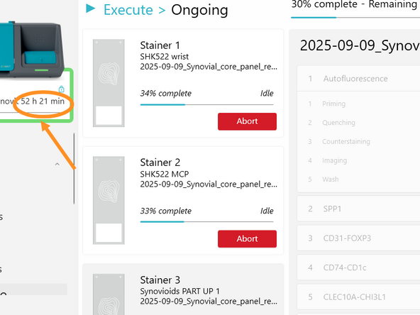 In person steps like unloading the slides, emptying the waste containers (physically and in the software), and exchanging the 50mL reagent Falcons (FA, FB, FC, and FD) with MilliQ Water Falcons, and triggering this in person reservoir cleaning for these 4x 50mL Falcon tubes can be done by the next user or you!  Please Coordinate.