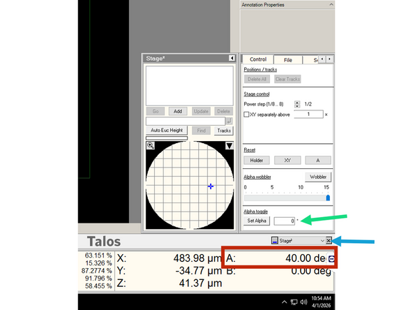 In the microscope user interface (left screen, bottom-right corner) the alpha tilt (A) will show the current stage tilt (30 or 40 deg, depending on your settings).