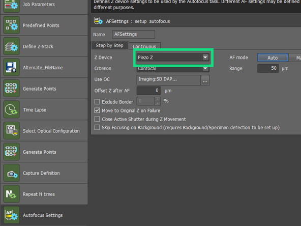 Select &quot;Piezo Z&quot; from the &quot;Z Device&quot; drop-down menu.