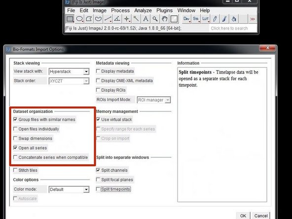 In the Bioformats importer option window select &quot;Group files with similar names&quot; and &quot;Open all Series&quot;.