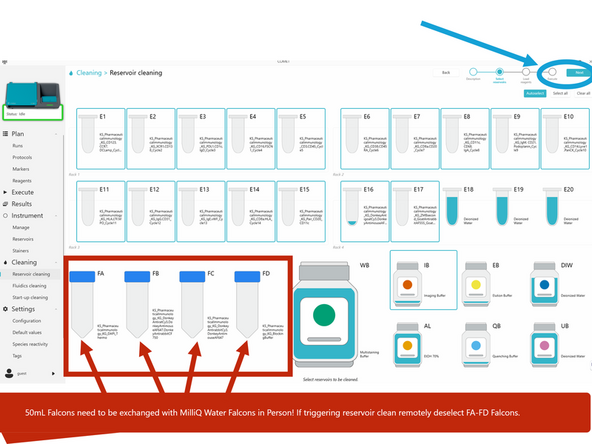 a) In COMET Control Software, go to CLEANING &gt; Reservoir cleaning