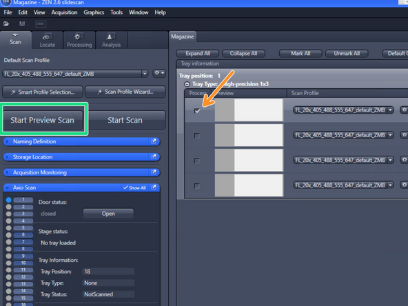 Expand the &quot;Default Scan Profiles&quot; menu and select a &quot;FL default ZMB&quot; profile according to the objective you wish to use
