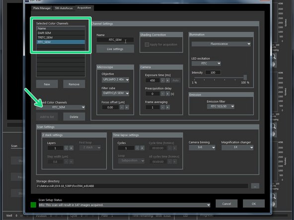 Here you can chose your channels for acquisition.  (eg DAPI SEM, FITC SEM).