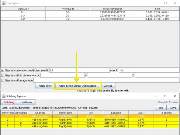 After the the data is done stitching a window will open saying &quot;Pairwise shift calculation done&quot; press yes.