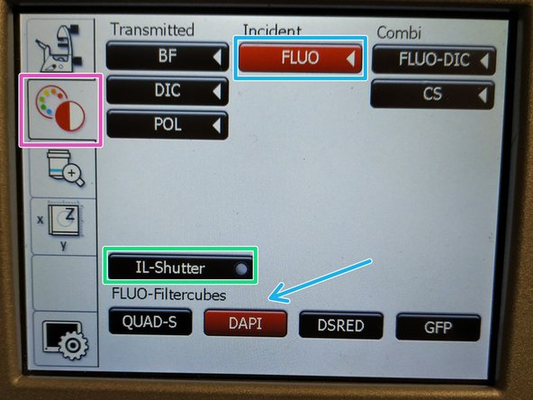 On the touch screen at the microscope choose the light path tab.