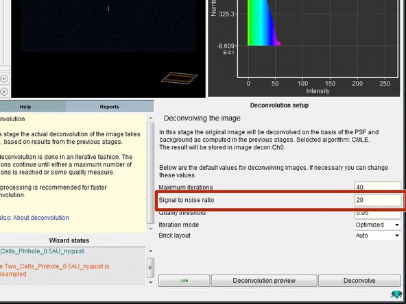 The &quot;Signal to noise ratio&quot; (SNR) controls the sharpness of the restoration result. The higher this value, the sharper your restored image will be. It is the most important parameter for deconvolution.