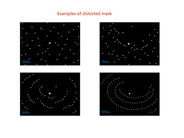 Importantly, both image distortion and magnification tuning use a mask with regularly spaced circular holes (marked in orange). If the pattern of circular holes becomes distorted (for examples please see the next image), the tuning didn't work as expected.