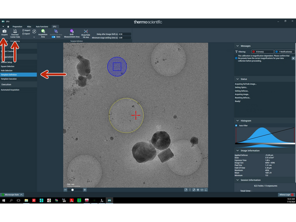 Go to 'Template definition' and click 'Acquire' and then 'Find and center hole'.