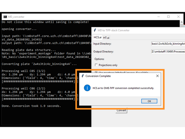 The terminal will show information about the data to be converted and the progress.
