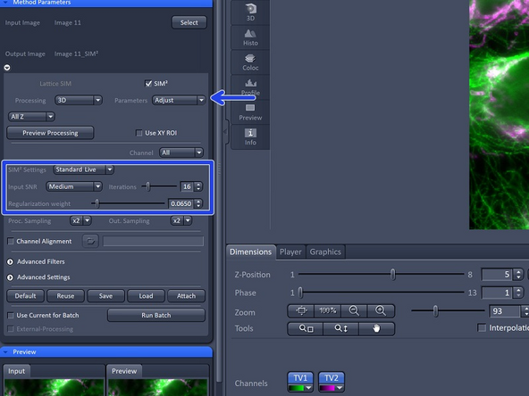 3D leap processing will reconstruct 3 planes for each plane you have acquired giving you the full 3D information, unless you chose to deselect this. If you have 2D data you will see the 2D+ option which gives an improved sectioning result, reducing infromation from planes that are out of focus.