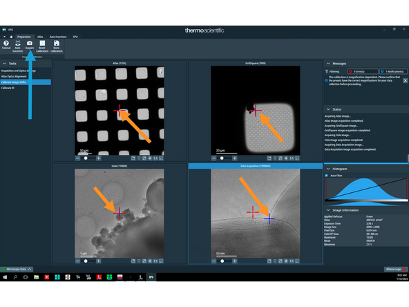 After pressing 'Acquire' EPU will automatically acquire four images using Atlas, Grid square, Hole/Eucentric height and Data acquisition presets.