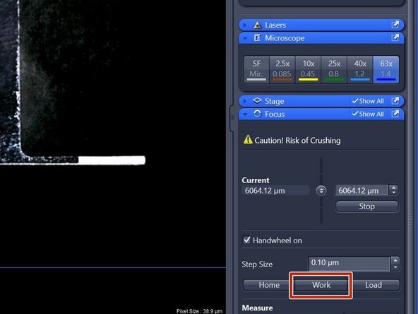 After sample has been inserted again, click &quot;Work&quot; within the &quot;Focus&quot; tab (right hand side in software).