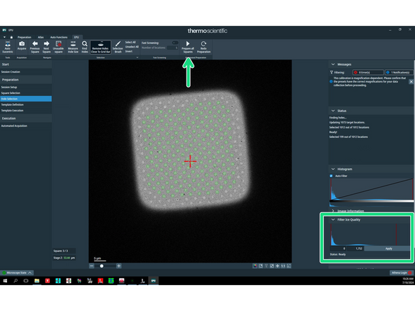Play with the ice filter settings to select holes with optimal ice thickness. Once you are happy click on 'Prepare all squares'. Wait until all the grid squares have been processed.
