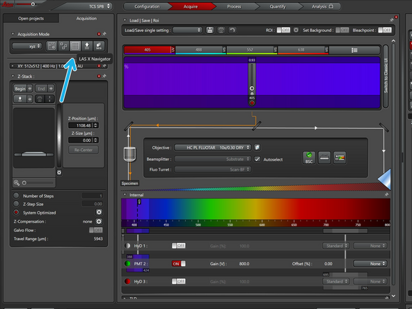 You've found the maximum intensity of light reflection on the upper right corner of the slide (as seen on the screen). You will repeat the same process for the upper left and bottom right corners of the slide. It is not necessary to be at the exact corner, but rather roughly close to the corners of the slide; obviously, avoiding the label area