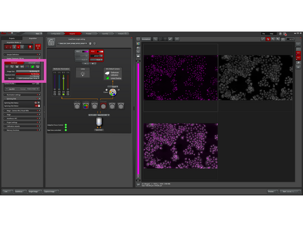 Binning combines neighboring camera pixels into one larger pixel. For example, with 2 × 2 binning, four pixels are merged into one.