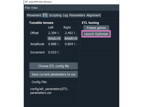 Manual ETL adjustment with sample: For the ETL optimization press on &quot;AmpL = 0&quot; to set the ETL amplitude to 0.