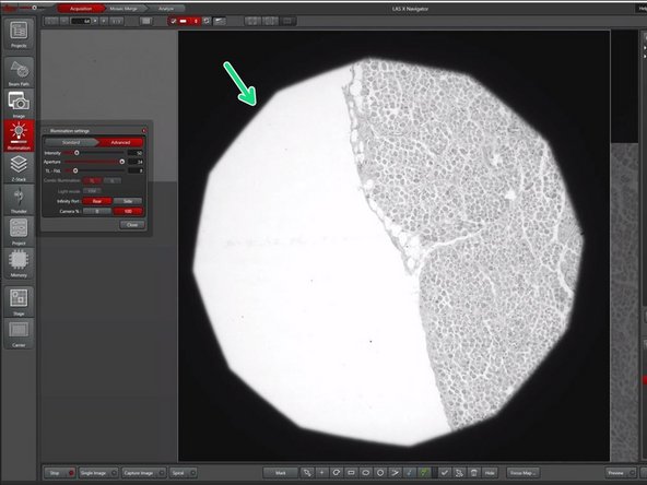 A centered and sharp shadow indicated that the condenser is focussed and the condensor aperture centered.