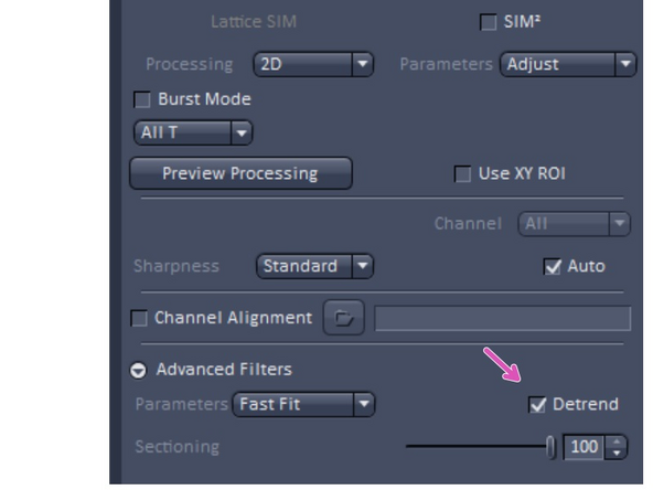 If checked, the SIM calculation is not any more done by blocks of 15 phase images (i. e. 1-15, 16-30, …; Block mode), but by 15 phase images in a gliding or rolling manner with the number of phase image steps as defined in the Sliding Windows…phase(s) slider (Burst mode).