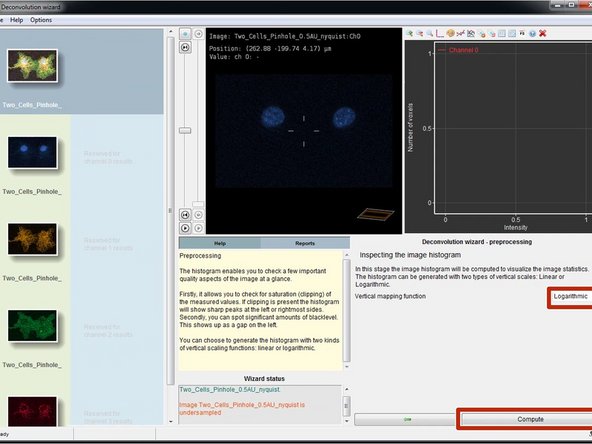 In this step you will calculate and inspect the image intensity histogram of the selected channel.