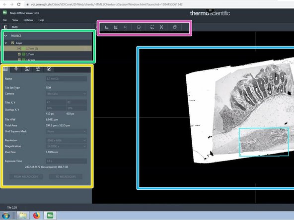 Data area organized in layers and tilesets. The active objects are highlighted.