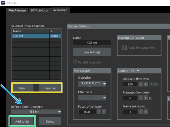 Select the desired channels for acquisition in the list &quot;Defined Color Channels&quot;.