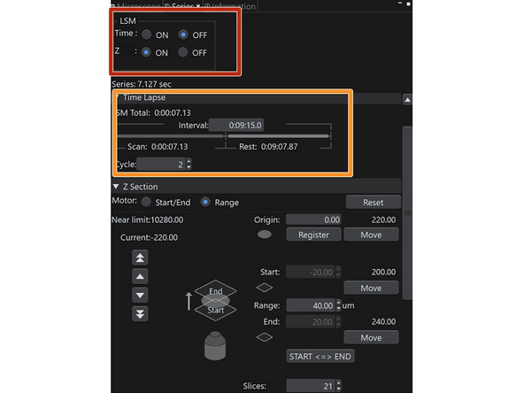 Selection for timelapse and / or z stacks.